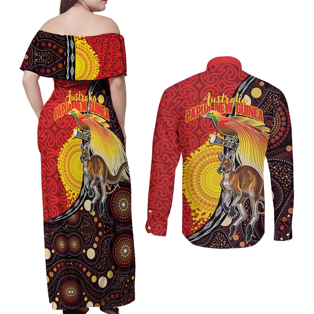 Australia and Papua New Guinea Together Couples Matching Off Shoulder Maxi Dress and Long Sleeve Button Shirt Bird-of-paradise and Kangaroo with Oro Tapa and Aboriginal Art Motifs - Polynesian Pride