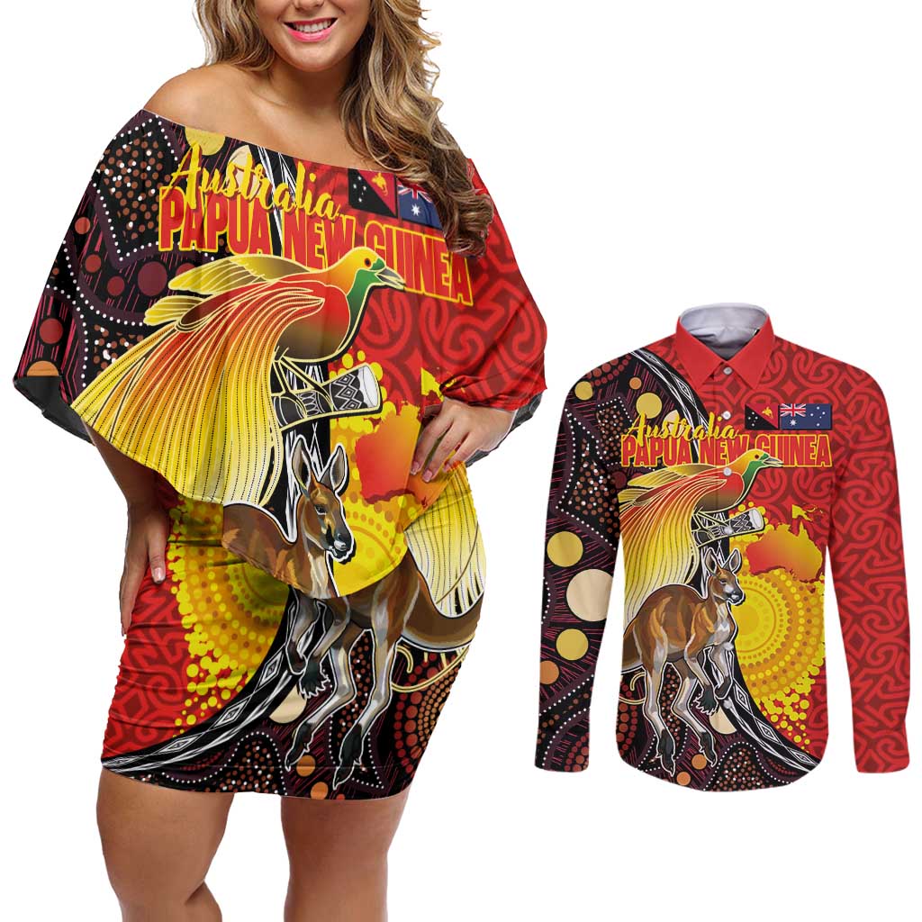 Australia and Papua New Guinea Together Couples Matching Off Shoulder Short Dress and Long Sleeve Button Shirt Bird-of-paradise and Kangaroo with Oro Tapa and Aboriginal Art Motifs - Polynesian Pride