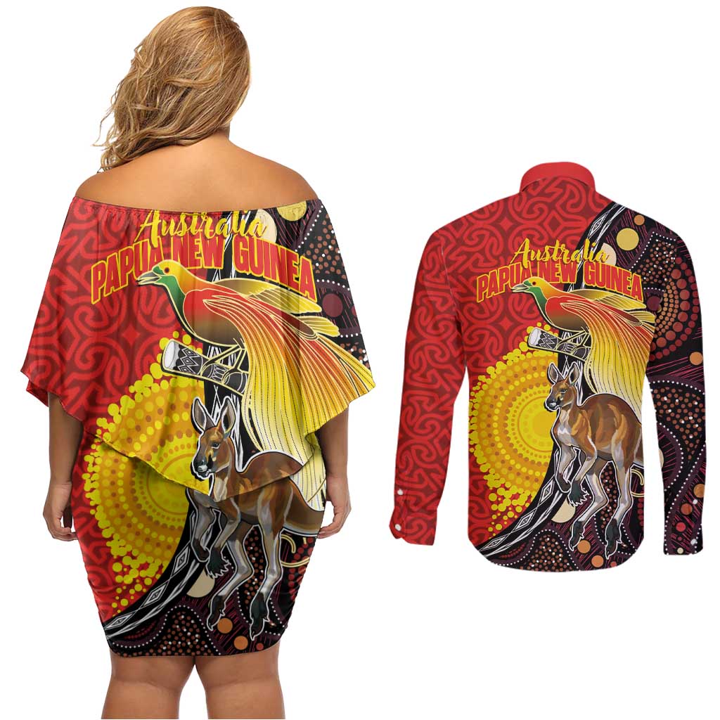 Australia and Papua New Guinea Together Couples Matching Off Shoulder Short Dress and Long Sleeve Button Shirt Bird-of-paradise and Kangaroo with Oro Tapa and Aboriginal Art Motifs - Polynesian Pride