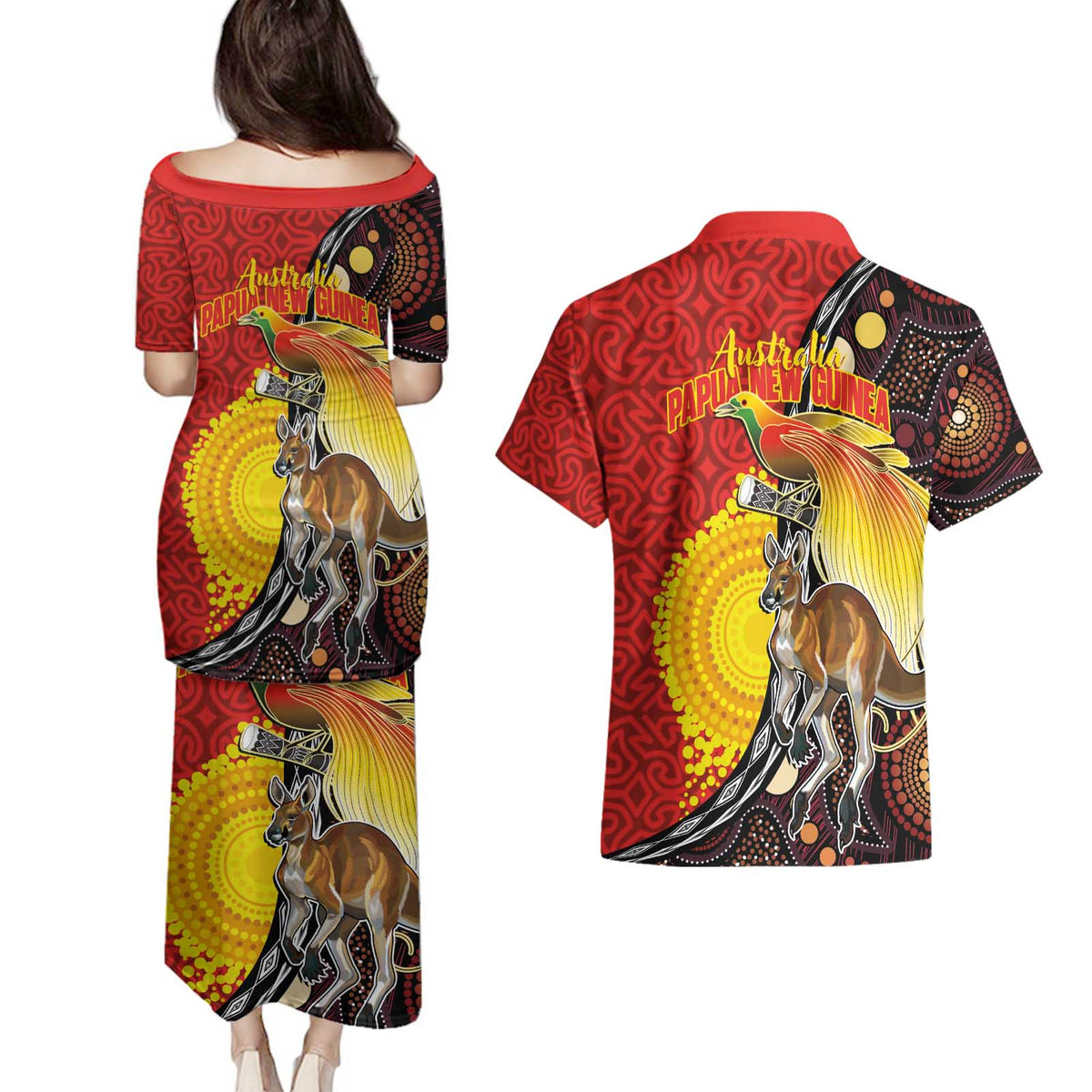 Australia and Papua New Guinea Together Couples Matching Puletasi and Hawaiian Shirt Bird-of-paradise and Kangaroo with Oro Tapa and Aboriginal Art Motifs - Polynesian Pride