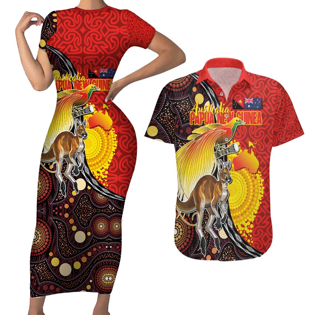 Australia and Papua New Guinea Together Couples Matching Short Sleeve Bodycon Dress and Hawaiian Shirt Bird-of-paradise and Kangaroo with Oro Tapa and Aboriginal Art Motifs - Polynesian Pride