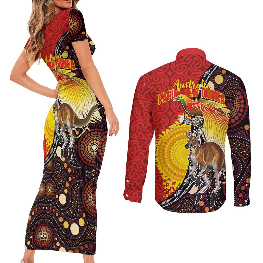 Australia and Papua New Guinea Together Couples Matching Short Sleeve Bodycon Dress and Long Sleeve Button Shirt Bird-of-paradise and Kangaroo with Oro Tapa and Aboriginal Art Motifs - Polynesian Pride