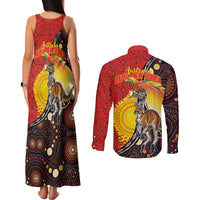 Australia and Papua New Guinea Together Couples Matching Tank Maxi Dress and Long Sleeve Button Shirt Bird-of-paradise and Kangaroo with Oro Tapa and Aboriginal Art Motifs - Polynesian Pride