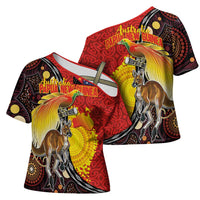 Australia and Papua New Guinea Together Cross Shoulder Shirt Bird-of-paradise and Kangaroo with Oro Tapa and Aboriginal Art Motifs - Polynesian Pride