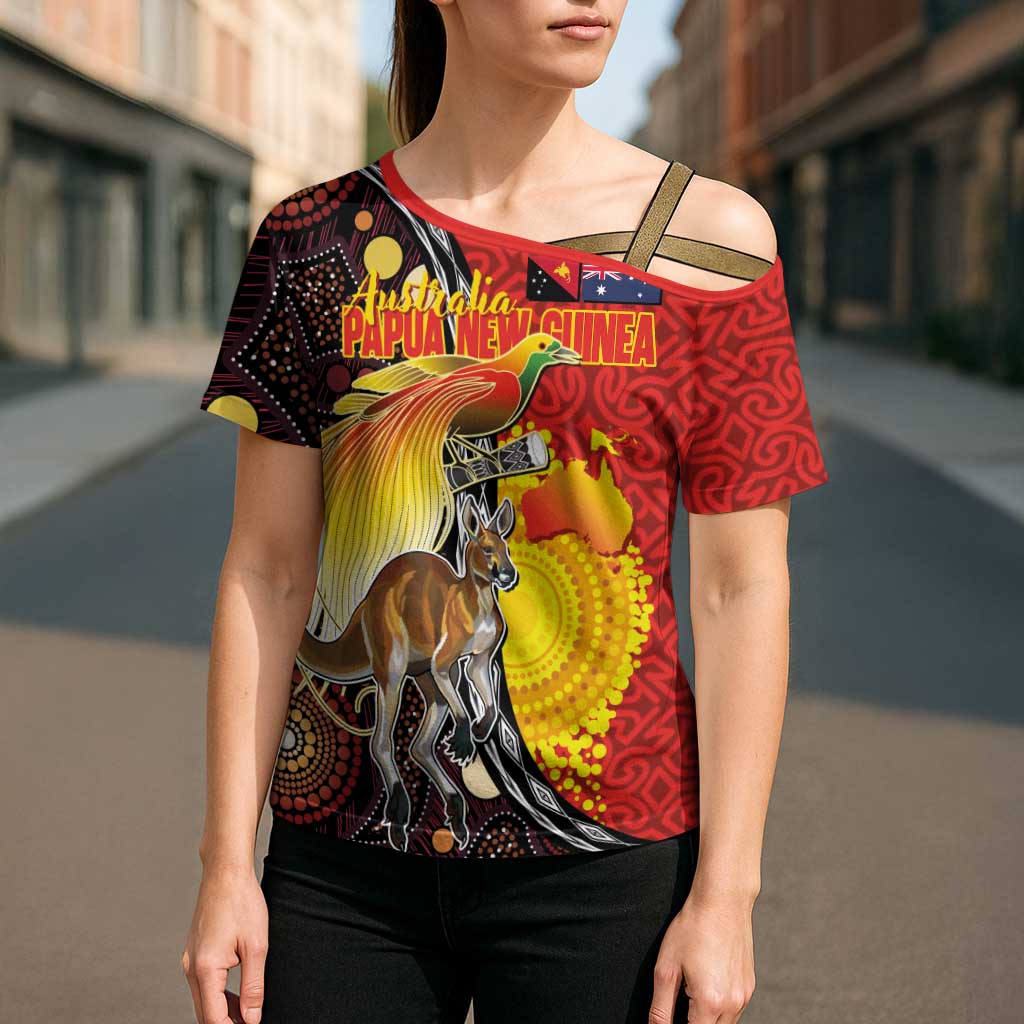 Australia and Papua New Guinea Together Cross Shoulder Shirt Bird-of-paradise and Kangaroo with Oro Tapa and Aboriginal Art Motifs - Polynesian Pride
