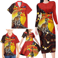 Australia and Papua New Guinea Together Family Matching Long Sleeve Bodycon Dress and Hawaiian Shirt Bird-of-paradise and Kangaroo with Oro Tapa and Aboriginal Art Motifs - Polynesian Pride