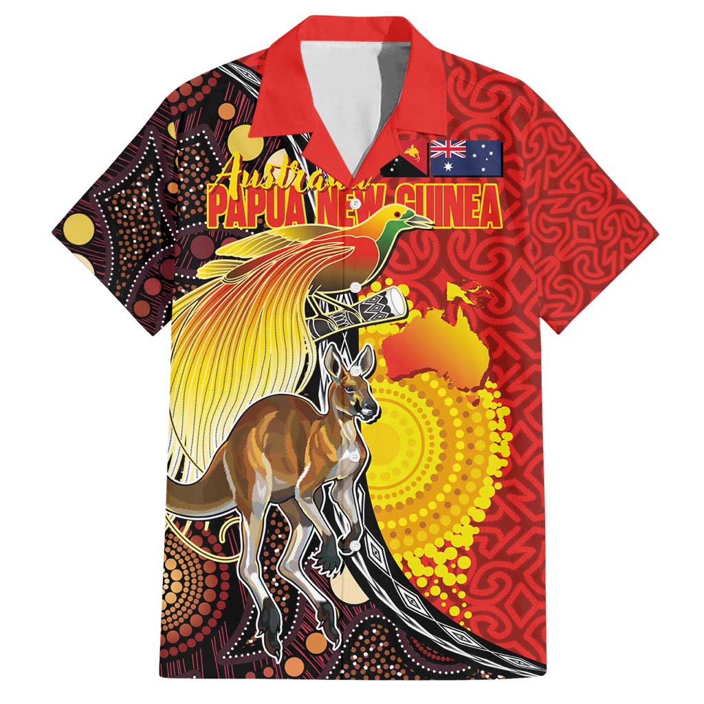 Australia and Papua New Guinea Together Family Matching Long Sleeve Bodycon Dress and Hawaiian Shirt Bird-of-paradise and Kangaroo with Oro Tapa and Aboriginal Art Motifs - Polynesian Pride