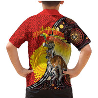 Australia and Papua New Guinea Together Family Matching Mermaid Dress and Hawaiian Shirt Bird-of-paradise and Kangaroo with Oro Tapa and Aboriginal Art Motifs - Polynesian Pride