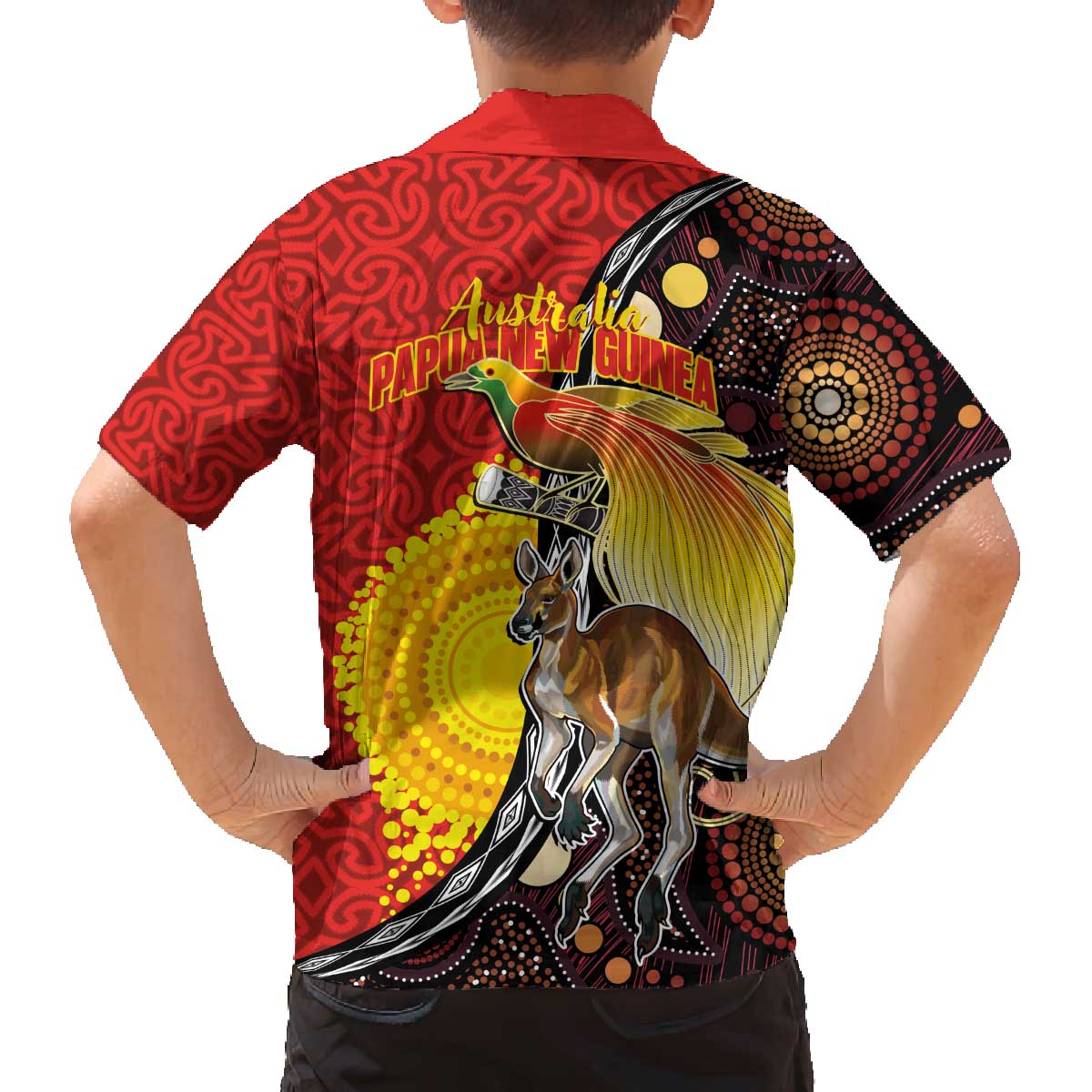 Australia and Papua New Guinea Together Family Matching Off The Shoulder Long Sleeve Dress and Hawaiian Shirt Bird-of-paradise and Kangaroo with Oro Tapa and Aboriginal Art Motifs - Polynesian Pride