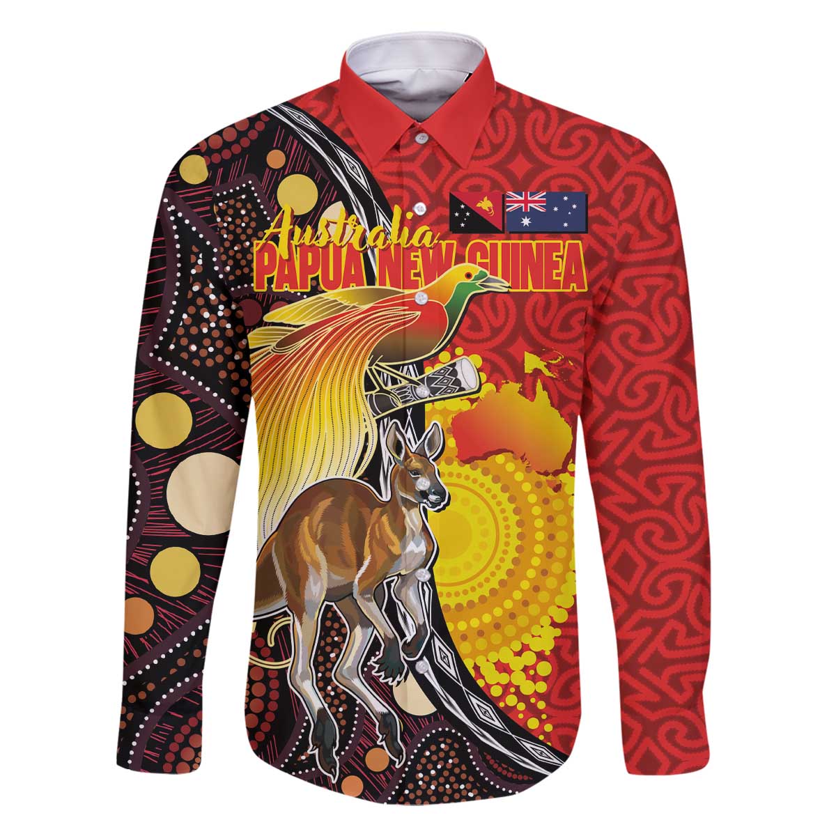 Australia and Papua New Guinea Together Family Matching Off The Shoulder Long Sleeve Dress and Hawaiian Shirt Bird-of-paradise and Kangaroo with Oro Tapa and Aboriginal Art Motifs - Polynesian Pride