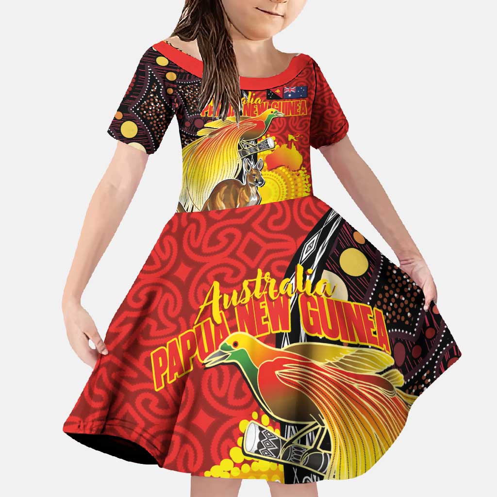 Australia and Papua New Guinea Together Family Matching Off Shoulder Maxi Dress and Hawaiian Shirt Bird-of-paradise and Kangaroo with Oro Tapa and Aboriginal Art Motifs - Polynesian Pride