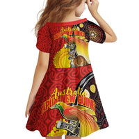 Australia and Papua New Guinea Together Family Matching Off Shoulder Short Dress and Hawaiian Shirt Bird-of-paradise and Kangaroo with Oro Tapa and Aboriginal Art Motifs - Polynesian Pride
