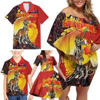 Australia and Papua New Guinea Together Family Matching Off Shoulder Short Dress and Hawaiian Shirt Bird-of-paradise and Kangaroo with Oro Tapa and Aboriginal Art Motifs - Polynesian Pride
