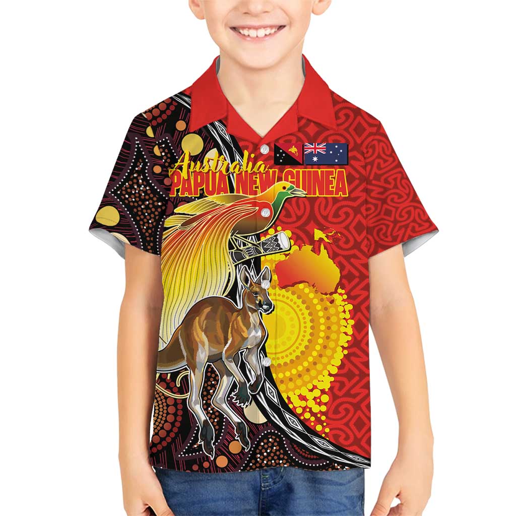 Australia and Papua New Guinea Together Family Matching Puletasi and Hawaiian Shirt Bird-of-paradise and Kangaroo with Oro Tapa and Aboriginal Art Motifs - Polynesian Pride