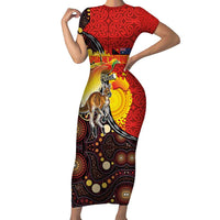 Australia and Papua New Guinea Together Family Matching Short Sleeve Bodycon Dress and Hawaiian Shirt Bird-of-paradise and Kangaroo with Oro Tapa and Aboriginal Art Motifs - Polynesian Pride