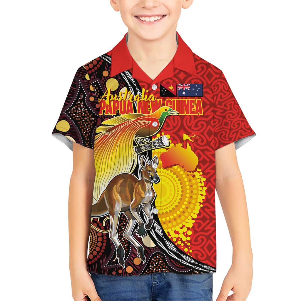 Australia and Papua New Guinea Together Family Matching Short Sleeve Bodycon Dress and Hawaiian Shirt Bird-of-paradise and Kangaroo with Oro Tapa and Aboriginal Art Motifs - Polynesian Pride