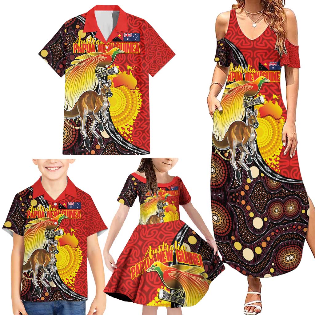 Australia and Papua New Guinea Together Family Matching Summer Maxi Dress and Hawaiian Shirt Bird-of-paradise and Kangaroo with Oro Tapa and Aboriginal Art Motifs - Polynesian Pride