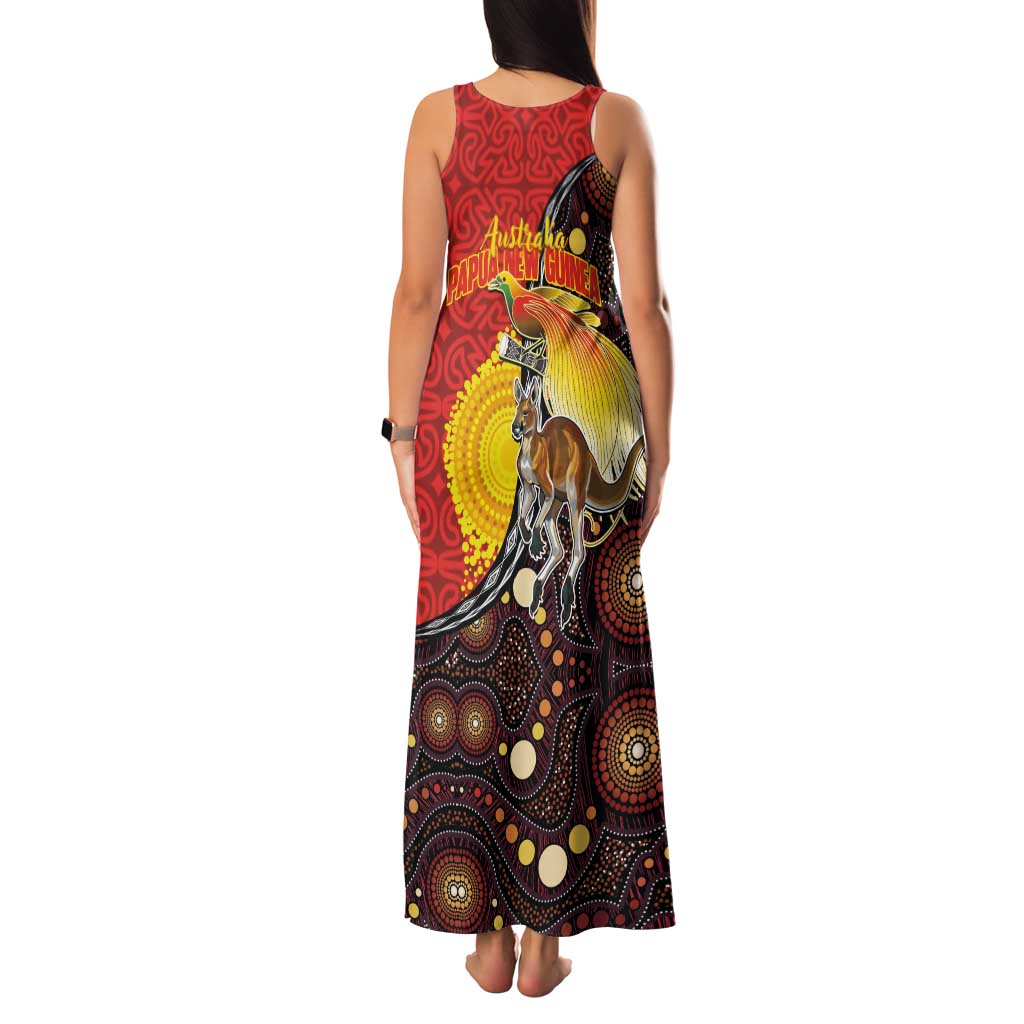 Australia and Papua New Guinea Together Family Matching Tank Maxi Dress and Hawaiian Shirt Bird-of-paradise and Kangaroo with Oro Tapa and Aboriginal Art Motifs - Polynesian Pride