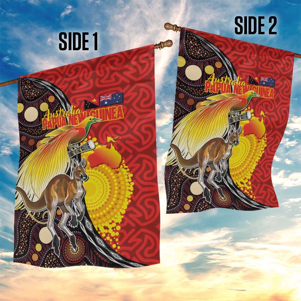 Australia and Papua New Guinea Together Garden Flag Bird-of-paradise and Kangaroo with Oro Tapa and Aboriginal Art Motifs - Polynesian Pride