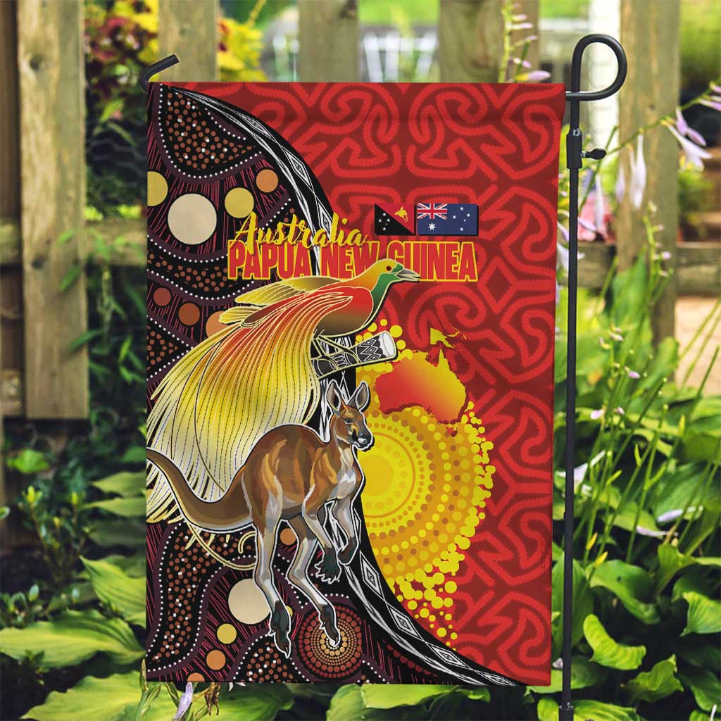 Australia and Papua New Guinea Together Garden Flag Bird-of-paradise and Kangaroo with Oro Tapa and Aboriginal Art Motifs - Polynesian Pride