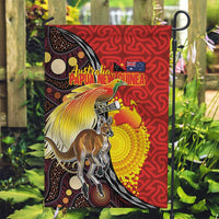 Australia and Papua New Guinea Together Garden Flag Bird-of-paradise and Kangaroo with Oro Tapa and Aboriginal Art Motifs - Polynesian Pride