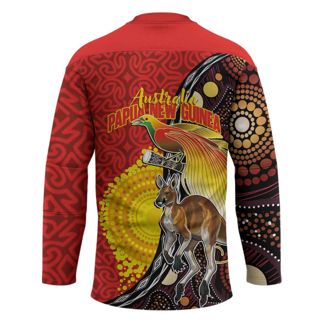 Australia and Papua New Guinea Together Hockey Jersey Bird-of-paradise and Kangaroo with Oro Tapa and Aboriginal Art Motifs - Polynesian Pride