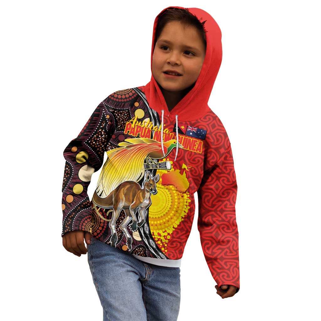 Australia and Papua New Guinea Together Kid Hoodie Bird-of-paradise and Kangaroo with Oro Tapa and Aboriginal Art Motifs - Polynesian Pride