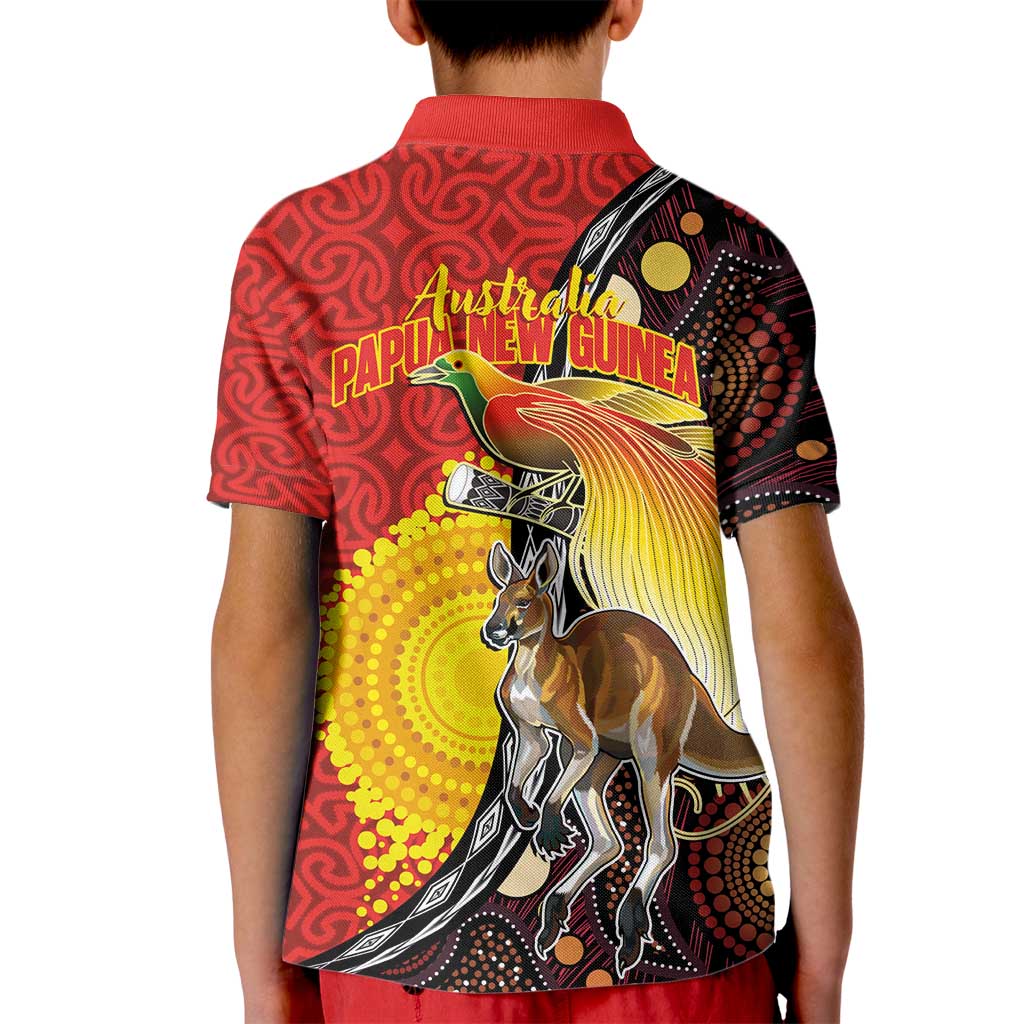 Australia and Papua New Guinea Together Kid Polo Shirt Bird-of-paradise and Kangaroo with Oro Tapa and Aboriginal Art Motifs - Polynesian Pride