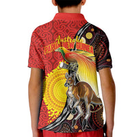 Australia and Papua New Guinea Together Kid Polo Shirt Bird-of-paradise and Kangaroo with Oro Tapa and Aboriginal Art Motifs - Polynesian Pride