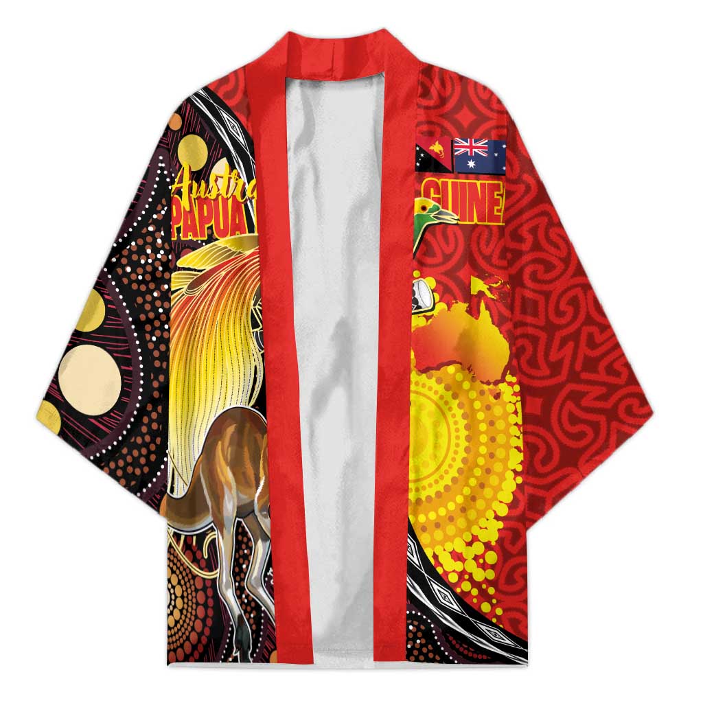 Australia and Papua New Guinea Together Kimono Bird-of-paradise and Kangaroo with Oro Tapa and Aboriginal Art Motifs - Polynesian Pride