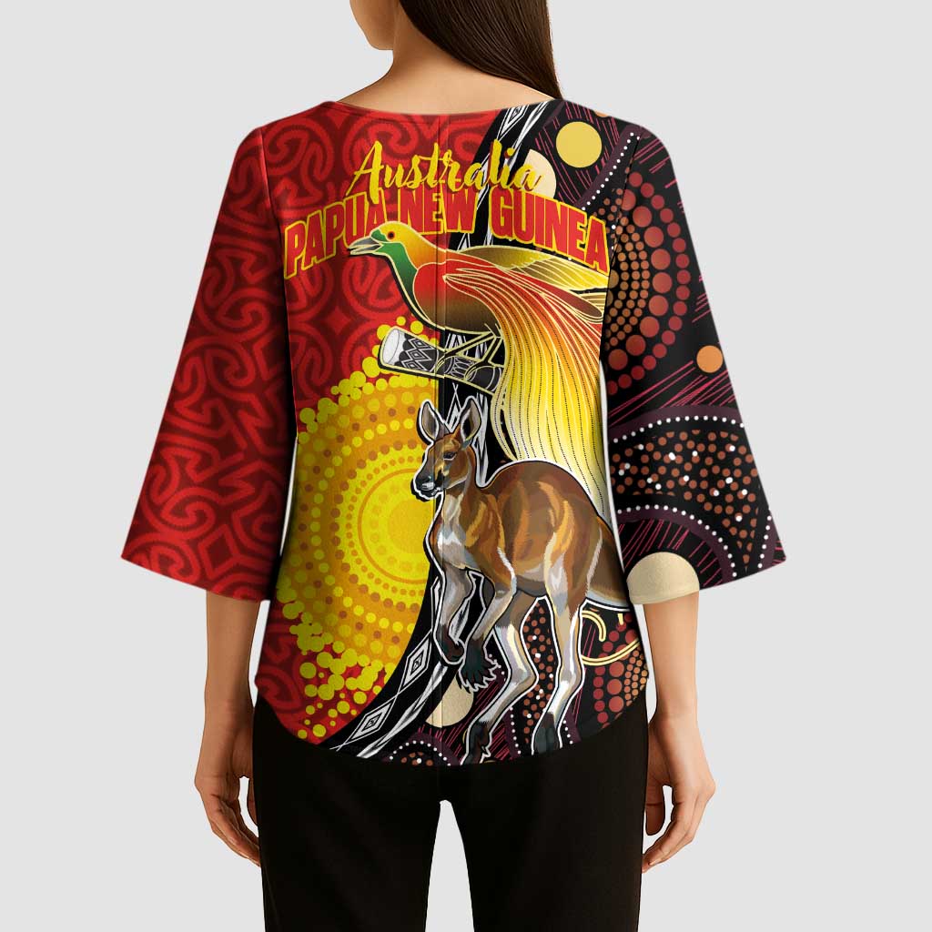 Australia and Papua New Guinea Together Kimono Sleeve Blouse Bird-of-paradise and Kangaroo with Oro Tapa and Aboriginal Art Motifs - Polynesian Pride