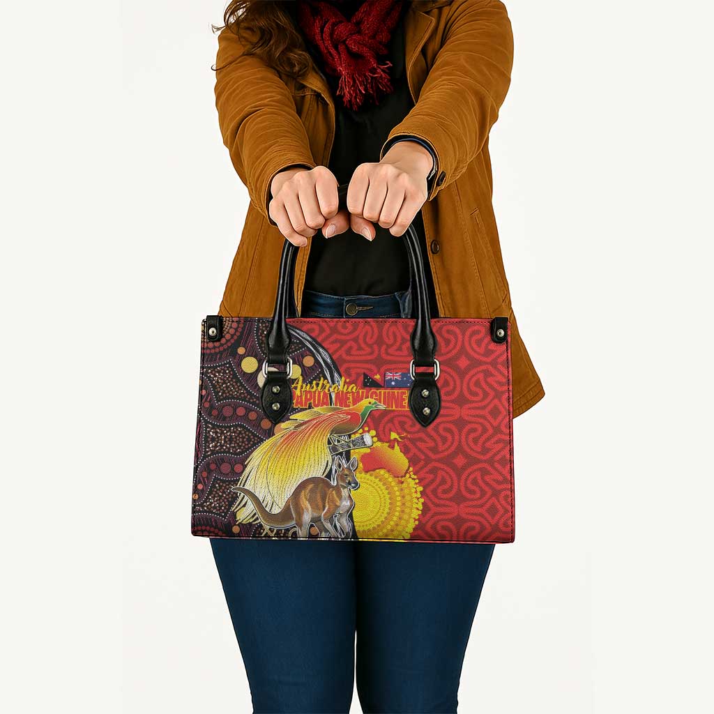 Australia and Papua New Guinea Together Leather Bag Bird-of-paradise and Kangaroo with Oro Tapa and Aboriginal Art Motifs - Polynesian Pride