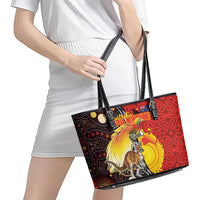 Australia and Papua New Guinea Together Leather Tote Bag Bird-of-paradise and Kangaroo with Oro Tapa and Aboriginal Art Motifs - Polynesian Pride