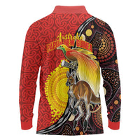 Australia and Papua New Guinea Together Long Sleeve Polo Shirt Bird-of-paradise and Kangaroo with Oro Tapa and Aboriginal Art Motifs - Polynesian Pride