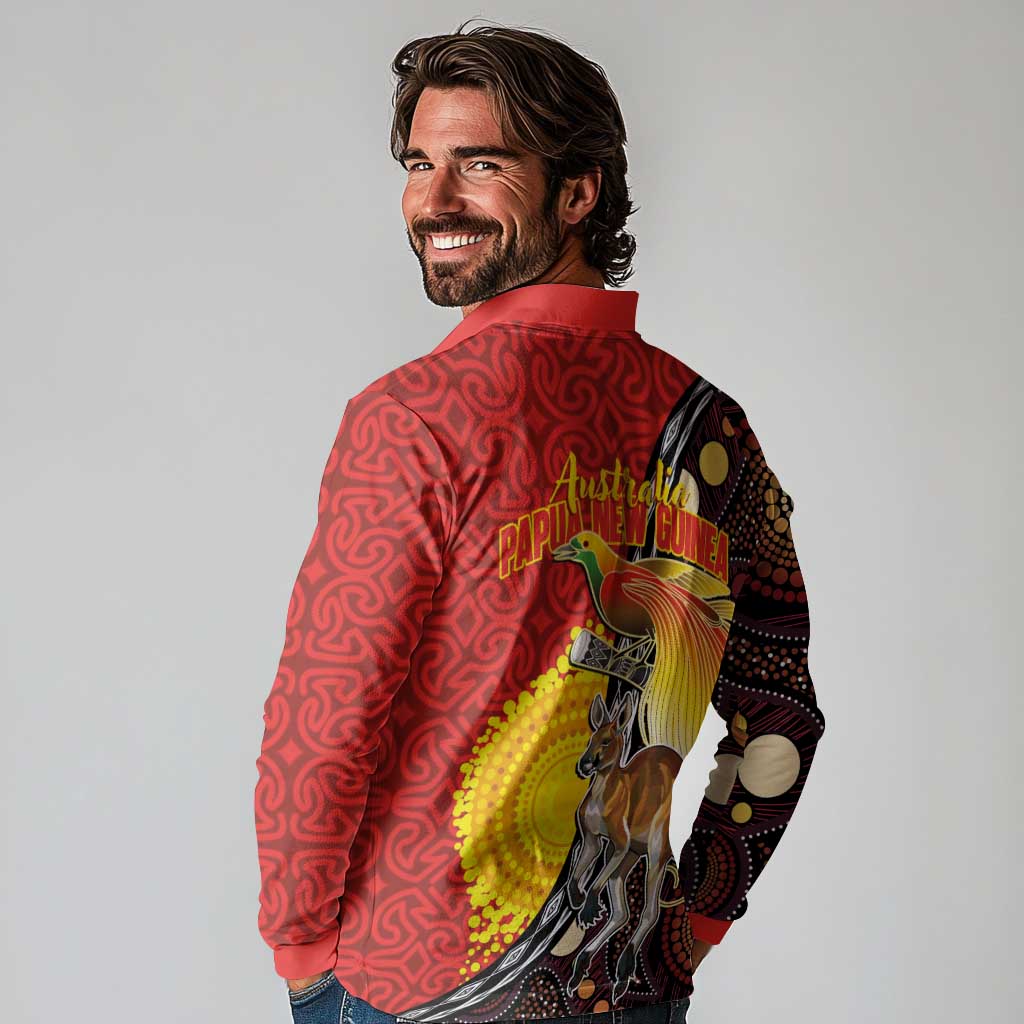 Australia and Papua New Guinea Together Long Sleeve Polo Shirt Bird-of-paradise and Kangaroo with Oro Tapa and Aboriginal Art Motifs - Polynesian Pride