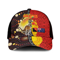 Australia and Papua New Guinea Together Mesh Trucker Cap Bird-of-paradise and Kangaroo with Oro Tapa and Aboriginal Art Motifs - Polynesian Pride
