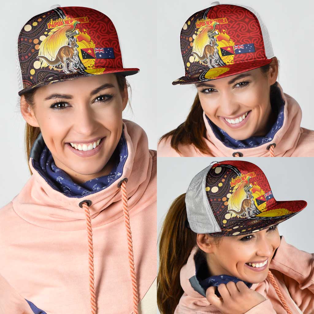 Australia and Papua New Guinea Together Mesh Trucker Cap Bird-of-paradise and Kangaroo with Oro Tapa and Aboriginal Art Motifs - Polynesian Pride