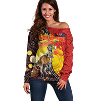Australia and Papua New Guinea Together Off Shoulder Sweater Bird-of-paradise and Kangaroo with Oro Tapa and Aboriginal Art Motifs - Polynesian Pride