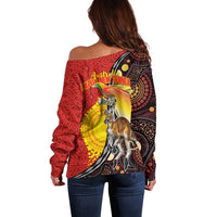 Australia and Papua New Guinea Together Off Shoulder Sweater Bird-of-paradise and Kangaroo with Oro Tapa and Aboriginal Art Motifs - Polynesian Pride
