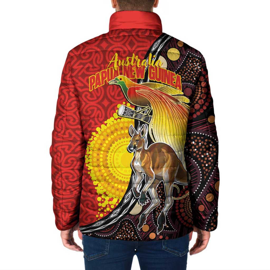Australia and Papua New Guinea Together Padded Jacket Bird-of-paradise and Kangaroo with Oro Tapa and Aboriginal Art Motifs - Polynesian Pride