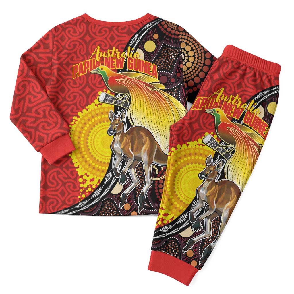 Australia and Papua New Guinea Together Christmas Pajama Set Bird-of-paradise and Kangaroo with Oro Tapa and Aboriginal Art Motifs - Polynesian Pride