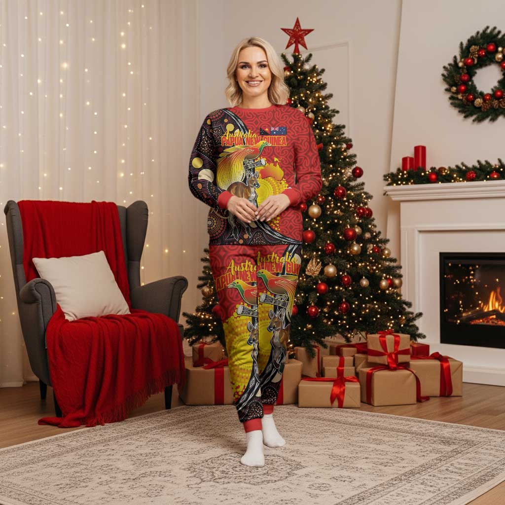 Australia and Papua New Guinea Together Christmas Pajama Set Bird-of-paradise and Kangaroo with Oro Tapa and Aboriginal Art Motifs - Polynesian Pride