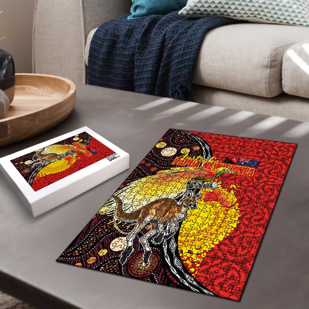 Australia and Papua New Guinea Together Puzzle Bird-of-paradise and Kangaroo with Oro Tapa and Aboriginal Art Motifs - Polynesian Pride