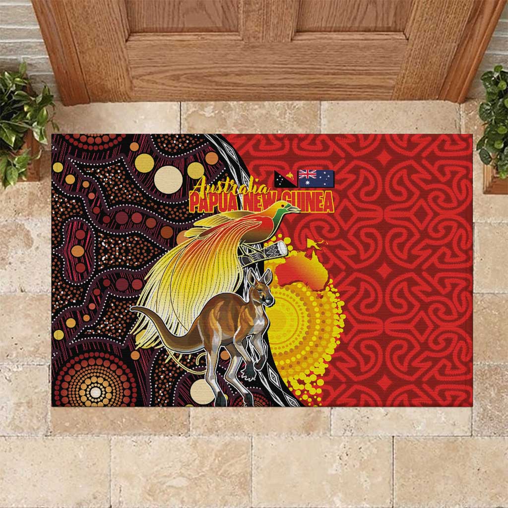 Australia and Papua New Guinea Together Rubber Doormat Bird-of-paradise and Kangaroo with Oro Tapa and Aboriginal Art Motifs - Polynesian Pride