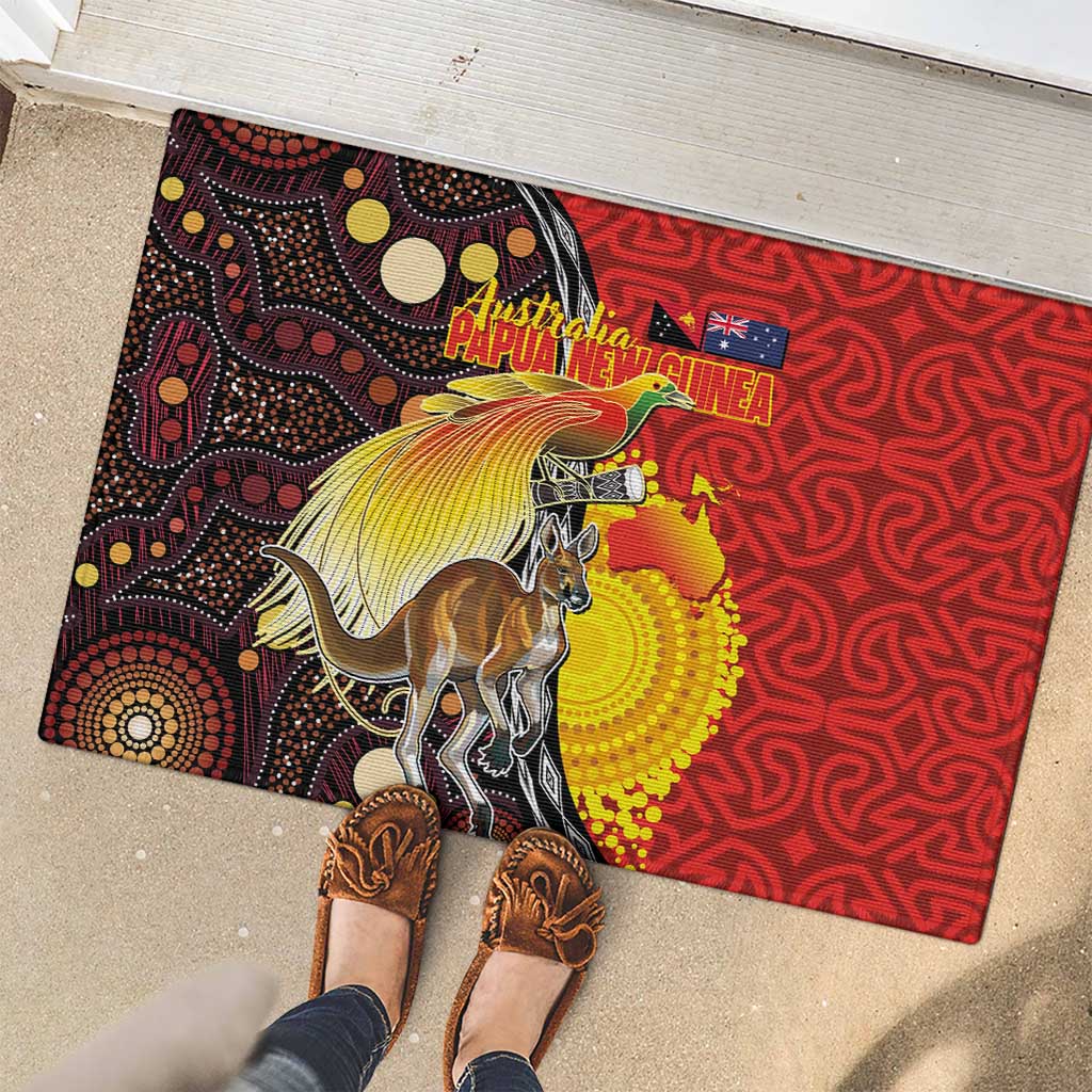 Australia and Papua New Guinea Together Rubber Doormat Bird-of-paradise and Kangaroo with Oro Tapa and Aboriginal Art Motifs - Polynesian Pride