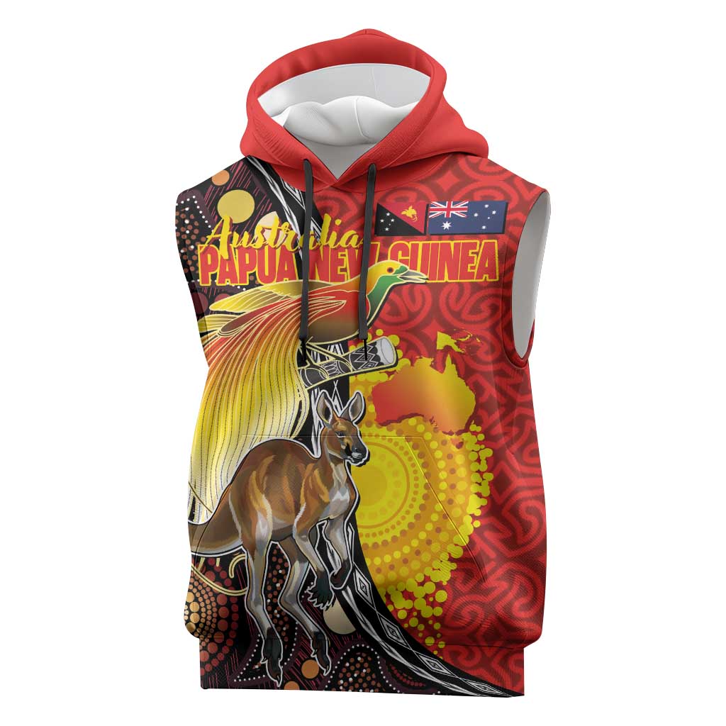 Australia and Papua New Guinea Together Sleeveless Hoodie Bird-of-paradise and Kangaroo with Oro Tapa and Aboriginal Art Motifs - Polynesian Pride