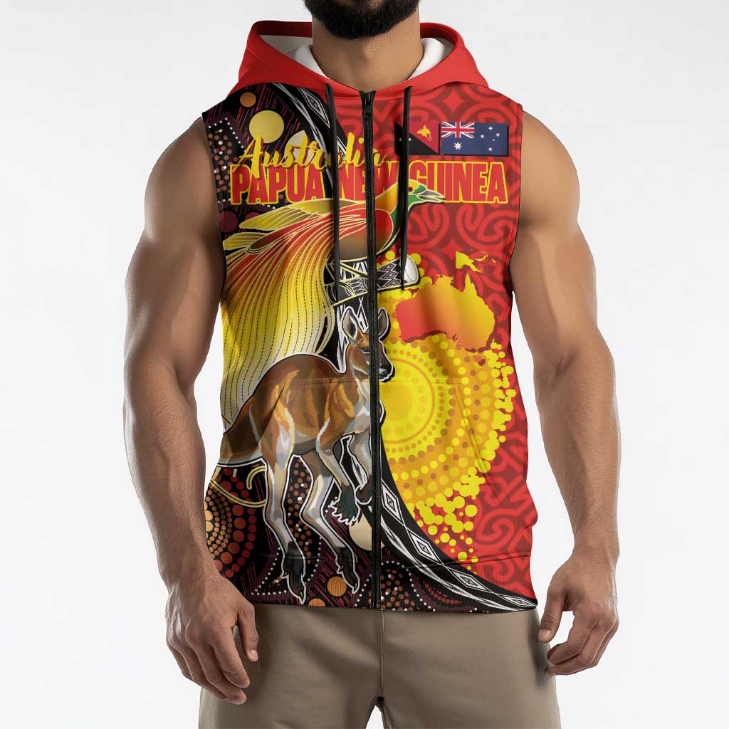 Australia and Papua New Guinea Together Sleeveless Zip Hoodie Bird-of-paradise and Kangaroo with Oro Tapa and Aboriginal Art Motifs LT03