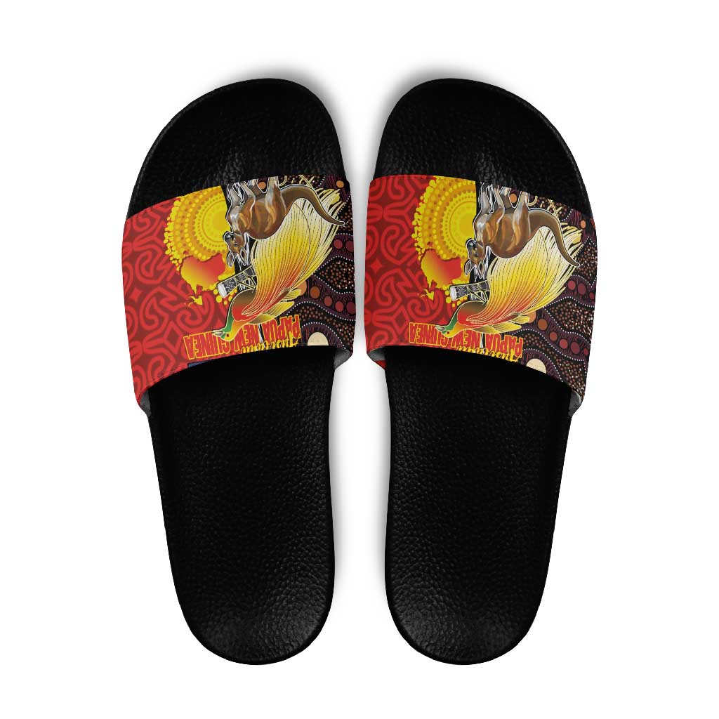 Australia and Papua New Guinea Together Slide Sandals Bird-of-paradise and Kangaroo with Oro Tapa and Aboriginal Art Motifs - Polynesian Pride