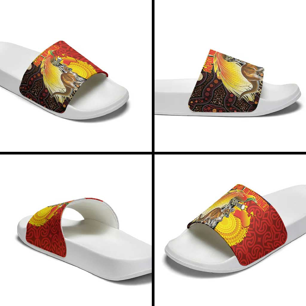 Australia and Papua New Guinea Together Slide Sandals Bird-of-paradise and Kangaroo with Oro Tapa and Aboriginal Art Motifs - Polynesian Pride
