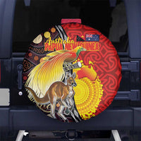 Australia and Papua New Guinea Together Spare Tire Cover Bird-of-paradise and Kangaroo with Oro Tapa and Aboriginal Art Motifs - Polynesian Pride